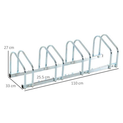 HOMCOM Parking for 4 Bicycles Steel Bike Rack on the Floor or Wall Parking for Indoor and Outdoor 110 x 33 x 27 cm Silver