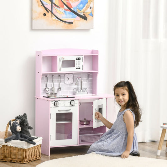 HOMCOM Children Wooden Play Kitchen w/Lights Sounds, Kids Kitchen Playset w/Water dispenser, Microwave, Utensils, Sink, Storage, for Ages 3-6 Years - Pink
