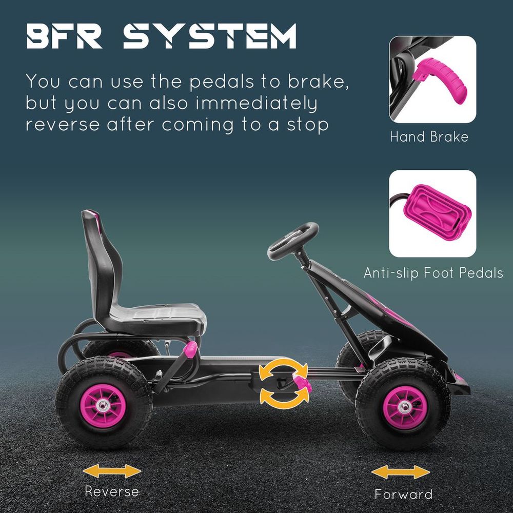 HOMCOM Children Pedal Go Kart, Raving Go Kart with Adjustable Seat, Inflatable Tyres, Shock Aborb, Handbrake, for Ages 5-12 Years - Pink