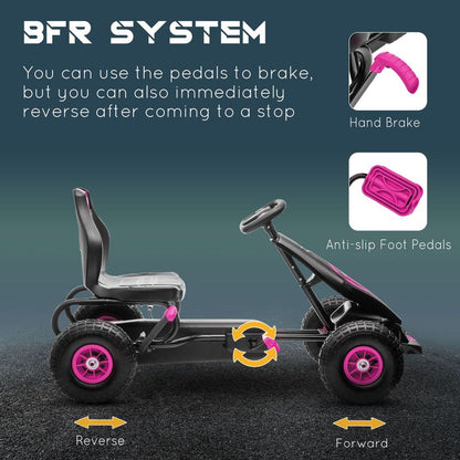 HOMCOM Children Pedal Go Kart, Raving Go Kart with Adjustable Seat, Inflatable Tyres, Shock Aborb, Handbrake, for Ages 5-12 Years - Pink