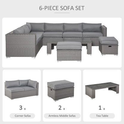 6 PCs PE Rattan Wicker Corner Sofa Set - Grey | Coffee Table & Footstool w/ Cushion | Outdoor Furniture for Garden & Patio