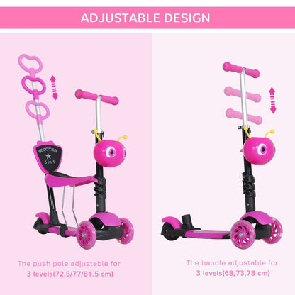 5-in-1 Kids Baby Toddler Kick Scooter Removable Seat Height Adjustable Pink