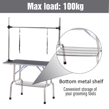 PawHut Metal Adjustable Dog Grooming Table Rubber Top 2 Safety Slings Mesh Black