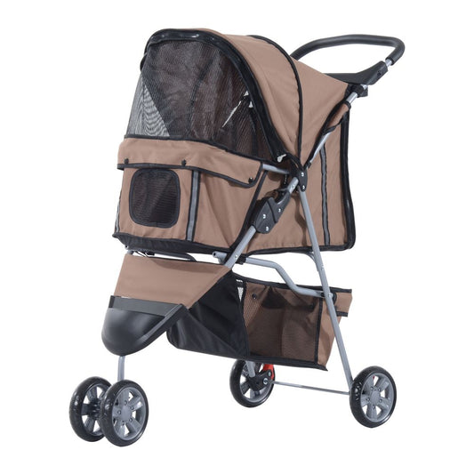 PawHut Pet Travel Stroller Cat Dog Pushchair Trolley Puppy Jogger Carrier Three Wheels for Small Miniature Dogs (Coffee)