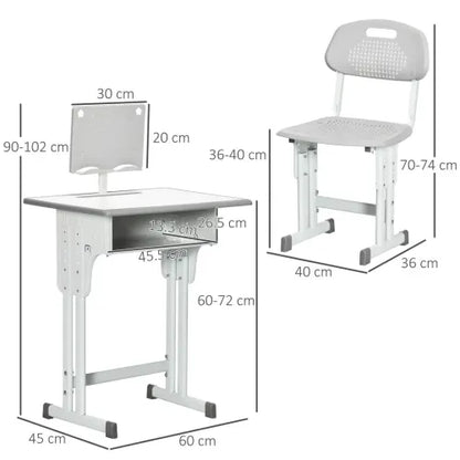 HOMCOM Kids Desk and Chair Set Adjustable Height Study Table Set w/Drawer, Book Stand, Pen Slot - Grey