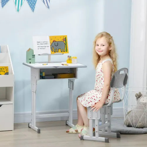 HOMCOM Kids Desk and Chair Set Adjustable Height Study Table Set w/Drawer, Book Stand, Pen Slot - Grey