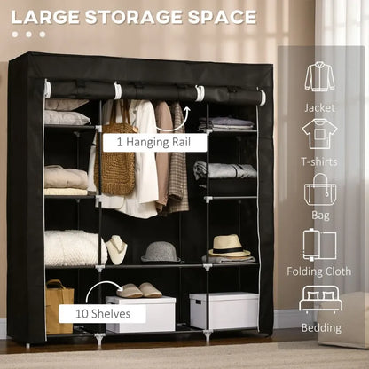 Portable Fabric Wardrobe 10 Shelves & Hanging Rail - Black