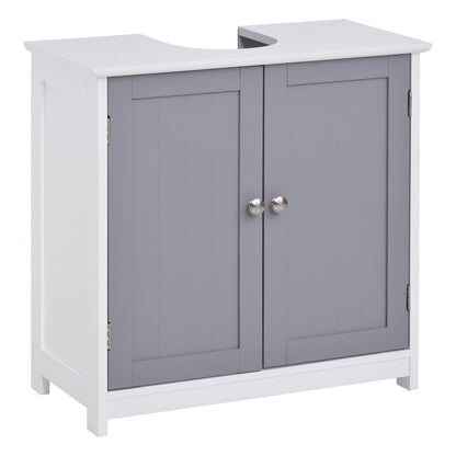 kleankin 60x60cm Under-Sink Storage Cabinet w/Adjustable Shelf Handles Drain Hole Bathroom Cabinet Space Saver Organizer White and Grey