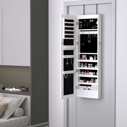 Lockable Hanging Mirrored Jewel Cabinet w/ LED, White - Spacious & Organized