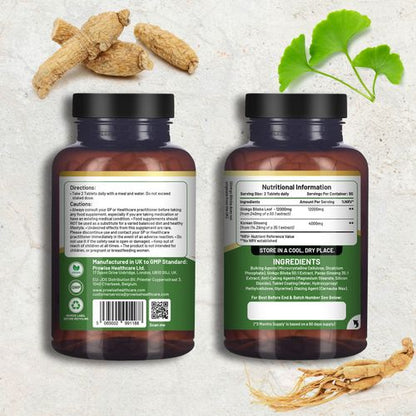 Ginkgo Biloba and Korean Ginseng Tablets 8000mg 180 Vegan Tablets | Ginkgo 6000mg & Korean Ginseng Root 2000mg Supports Cognitive Function & Mental Performance | UK Manufactured by Prowise Healthcare