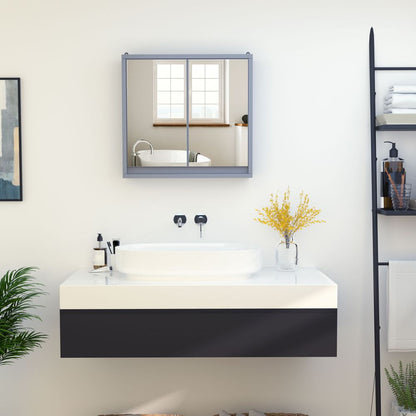 HOMCOM Bathroom Mirror Cabinet Wall Mounted Storage Shelf Bathroom Cupboard Double Door, Grey