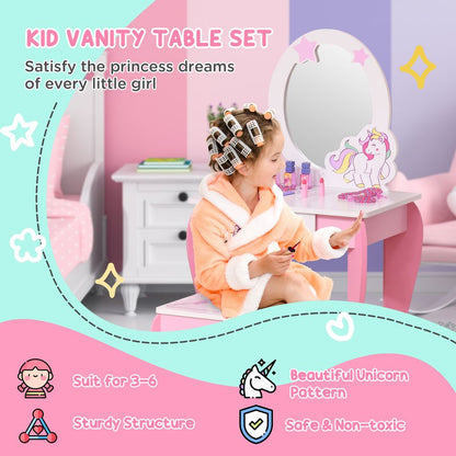 Magical Unicorn Girls Vanity Set with Mirror and Stool - High Quality, Ages 3-6