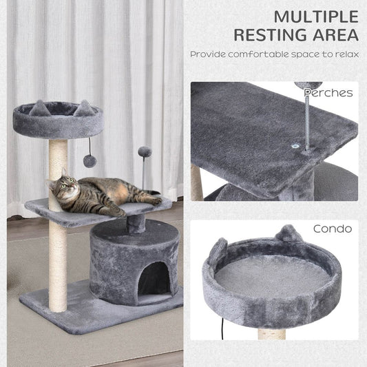 PawHut Mult-level Cat Tree Scratch Post Scratcher Climbing Tower Kitty Activity Center Condo Perch Jumping Platforms Grey 61L x 41W x 81H cm