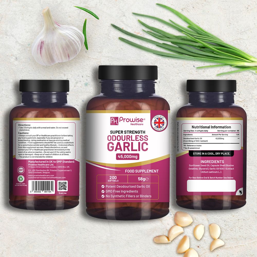Odourless Garlic Capsules | 45,000mg per softgel | 200 softgels (not Tablets) Super High Strength | Cold Pressed and Deodourised Premium Garlic Oil Extract from Allium Sativum