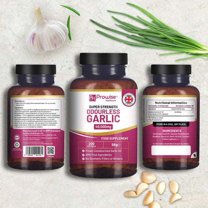 Odourless Garlic Capsules | 45,000mg per softgel | 200 softgels (not Tablets) Super High Strength | Cold Pressed and Deodourised Premium Garlic Oil Extract from Allium Sativum