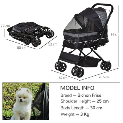 Premium Pet Stroller: Foldable with Reversible Handle, Ideal for Cats or Small Dogs. Comfortable & Stylish, Black