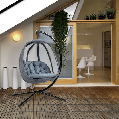 Folding Hanging Egg Chair w/ Cushion & Stand - Grey
