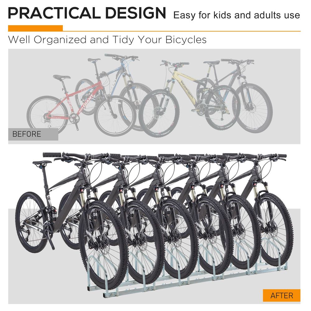 HOMCOM Bike Stand Parking Rack Floor or Wall Mount Bicycle Cycle Storage Locking Stand (6 Racks, Silver)