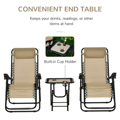 Premium 3PC Zero Gravity Chairs Sun Lounger Table Set w/ Cup Holders - Beige - High Quality - Outsunny