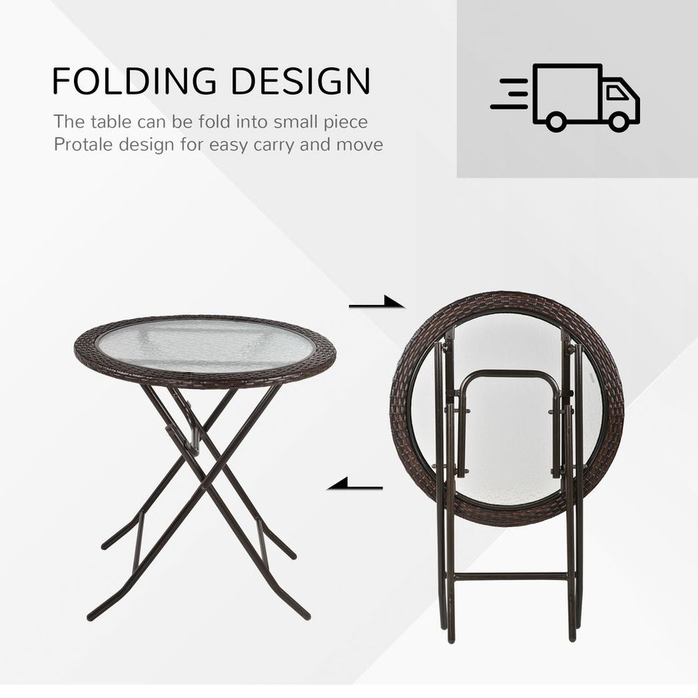 Premium Outsunny Round Glass Metal Table - Folding & Weatherproof - Brown Rattan Edging
