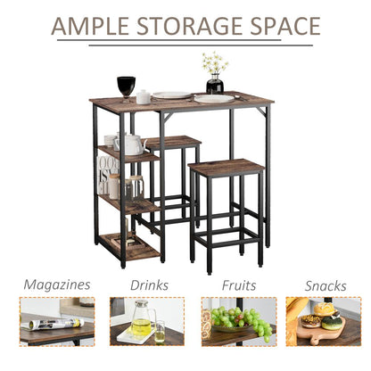 Industrial Bar Height Dining Set: 3PC Table, 2 Stools, Side Shelf - Sturdy & Stylish