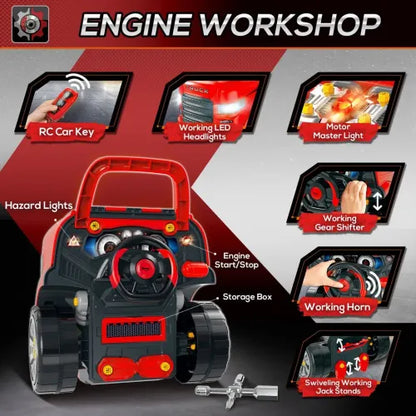 HOMCOM Kids Truck Engine Toy Set, Toddler Educational Car Service Station Playset, Take Apart Workshop, w/RC Car Key, Steering wheel, Horn, Light, for 3-5 Years Old Red