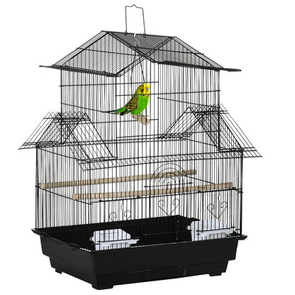 High-Quality Metal Bird Cage w/ Plastic Perch & Food Container - 50.5x40x63cm - Black