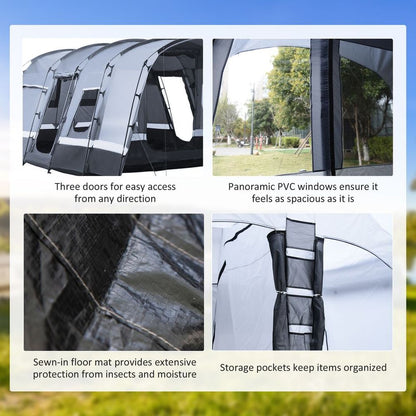 Premium 8-Person Camping Tent with Tunnel Design, 4 Large Windows, Dark Grey