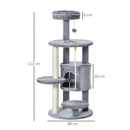PawHut Cat Tree Tower for Indoor Cats 112cm Climbing Kitten Activity Center with Jute Scratching Post Perch Hanging Ball Toy Teasing Rope Dark grey