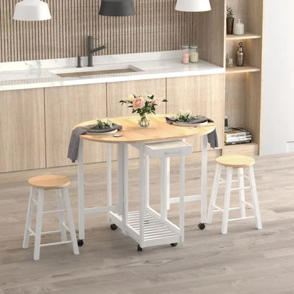 3pc Wooden Kitchen Cart Mobile Rolling Trolley Folding Stools Wheels Drawers