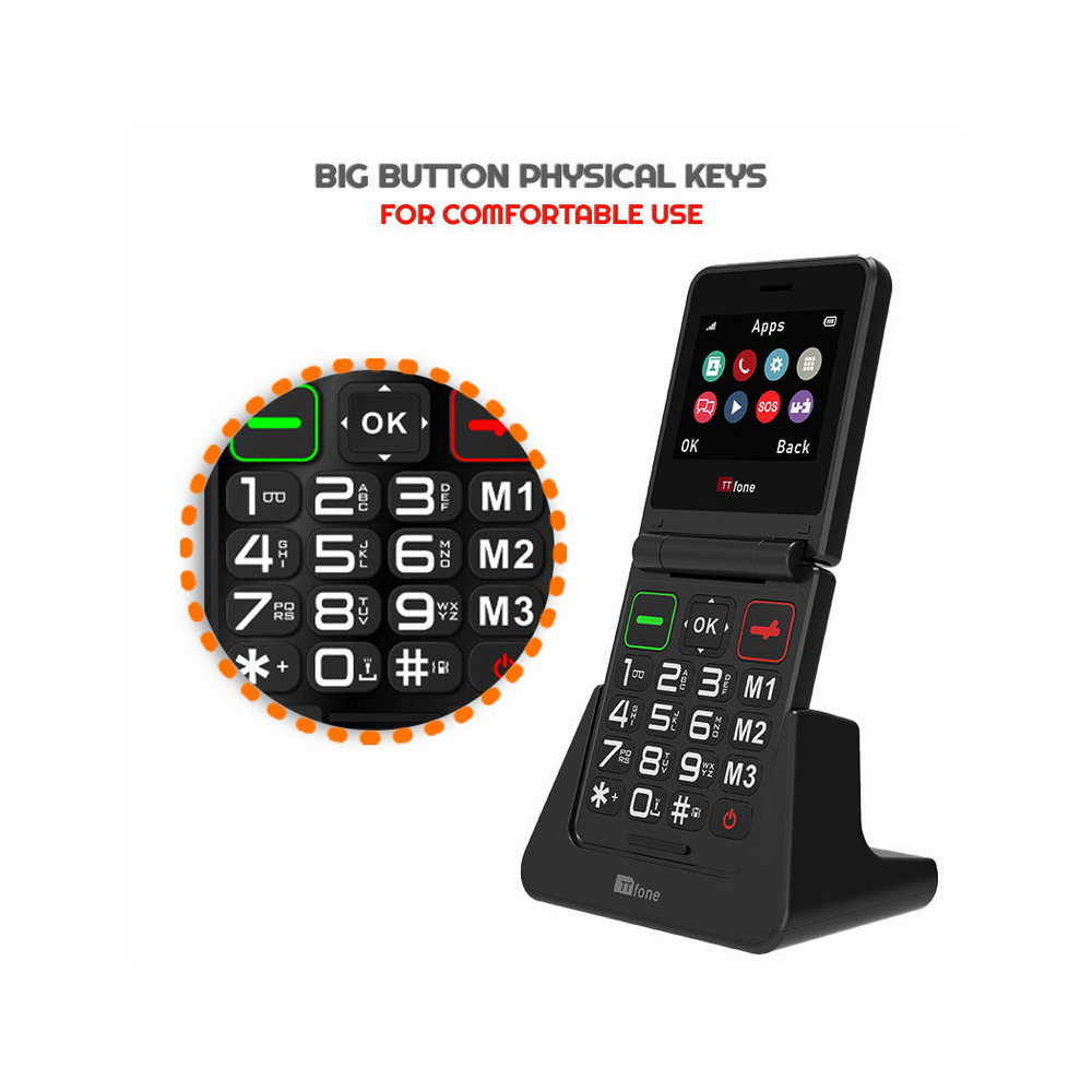 TTfone TT660 Flip Big Button Mobile, GiffGaff SIM, USB C Cable