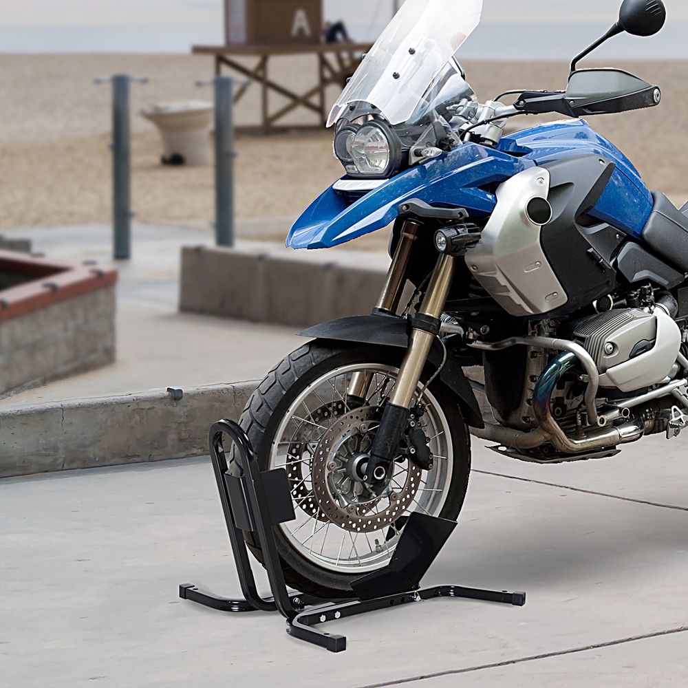 Premium Metal Motorcycle Wheel Chock Holder | HOMCOM | Pre-Drilled Holes | Adjustable | 17"-21" Tires | Rubber Caps