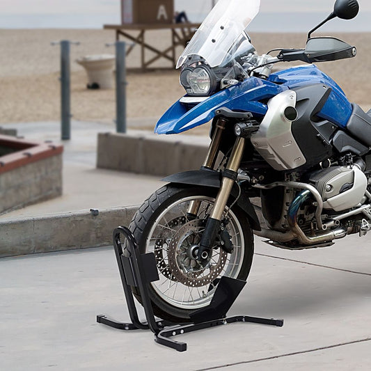 Premium Metal Motorcycle Wheel Chock Holder | HOMCOM | Pre-Drilled Holes | Adjustable | 17"-21" Tires | Rubber Caps