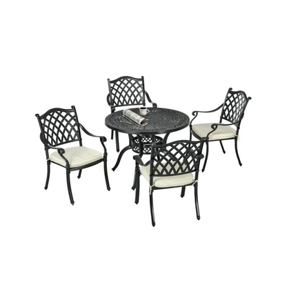 Premium Quality 4 Seater Dining Set | Cushions Included | Round Table with Parasol Hole | Bronze Finish