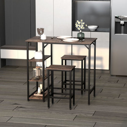 Industrial Bar Height Dining Set: 3PC Table, 2 Stools, Side Shelf - Sturdy & Stylish