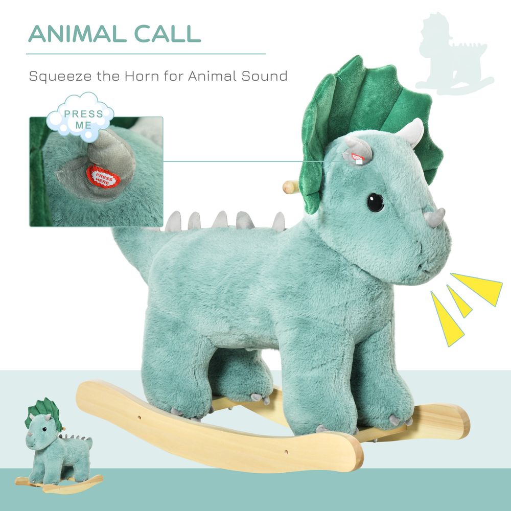 HOMCOM Kids Toddler Rocking Horse Plush Ride On Triceratops Rocker Wooden Base W/Sound for 3-6 Years Green