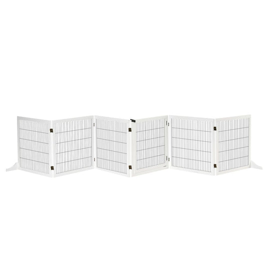 PawHut Freestanding Pet Gate, 6 Panel Foldable Playpen, Wooden Dog Gate with 2 Support Feet, for Stairs, Doorway - White