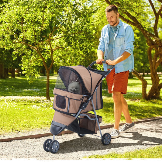 PawHut Pet Travel Stroller Cat Dog Pushchair Trolley Puppy Jogger Carrier Three Wheels for Small Miniature Dogs (Coffee)