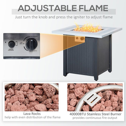 Premium Square Propane Fire Pit Table | Rattan Smokeless Heater with Lid & Lava Rocks