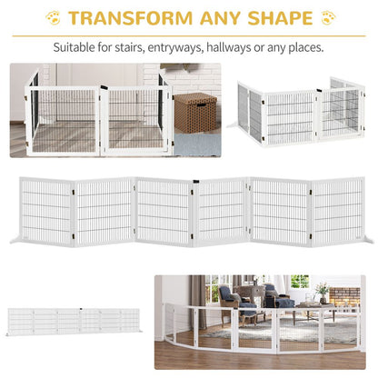 PawHut Freestanding Pet Gate, 6 Panel Foldable Playpen, Wooden Dog Gate with 2 Support Feet, for Stairs, Doorway - White