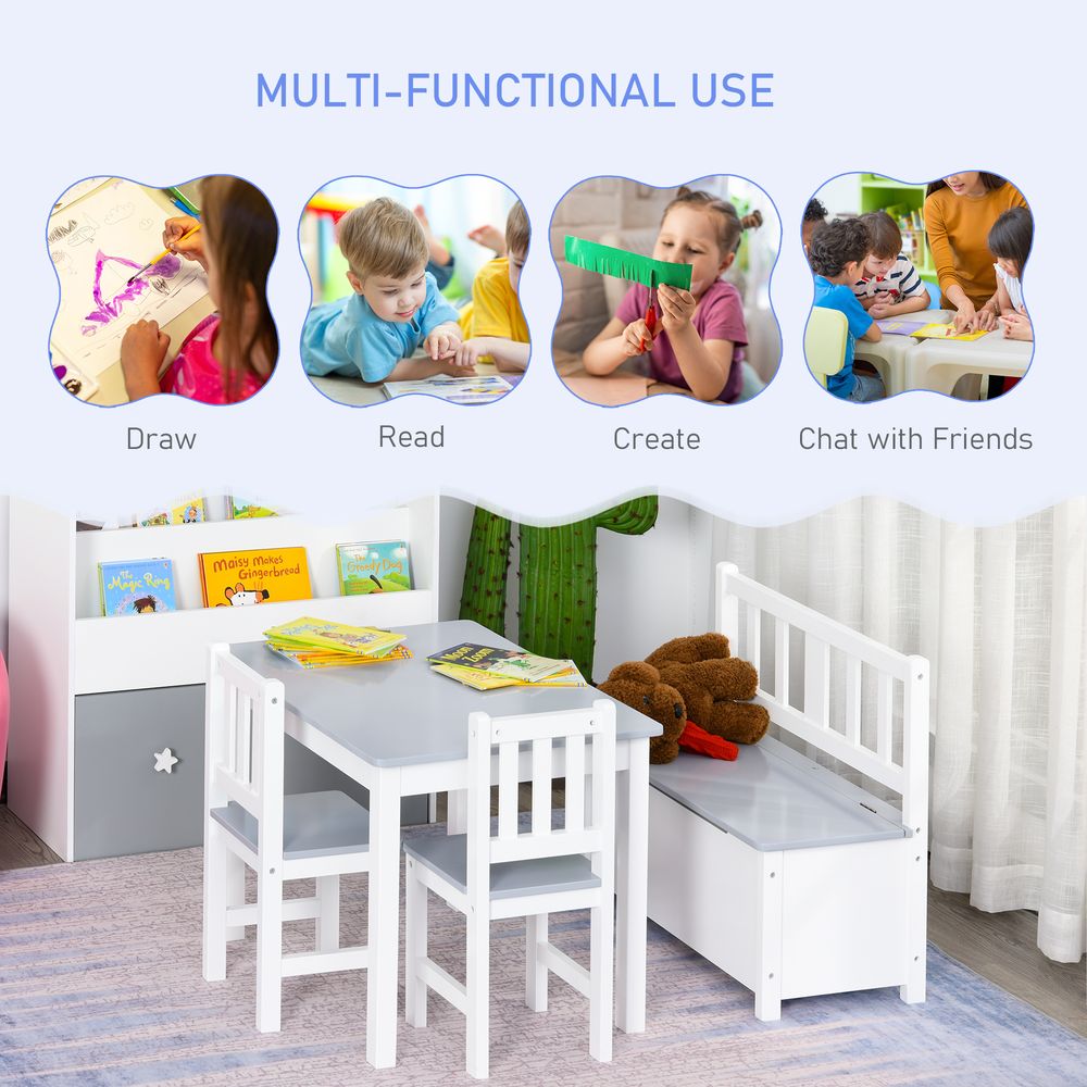 HOMCOM 4-Piece Kids Table and Chair Set with 2 Wooden Chairs, 1 Storage Bench, and Interesting Modern Design, Grey/White