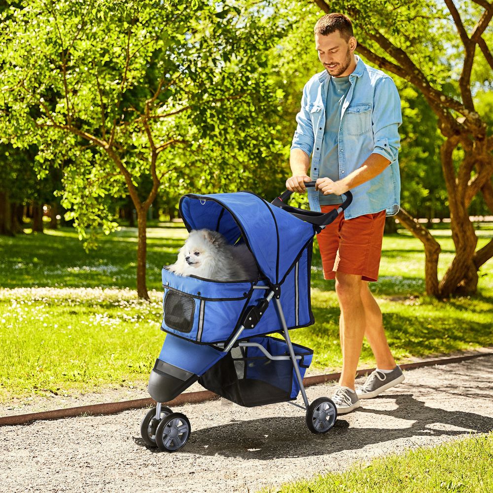 PawHut Pet Travel Stroller Cat Dog Pushchair Trolley Puppy Jogger Carrier Three Wheels for Small Miniature Dogs (Blue)
