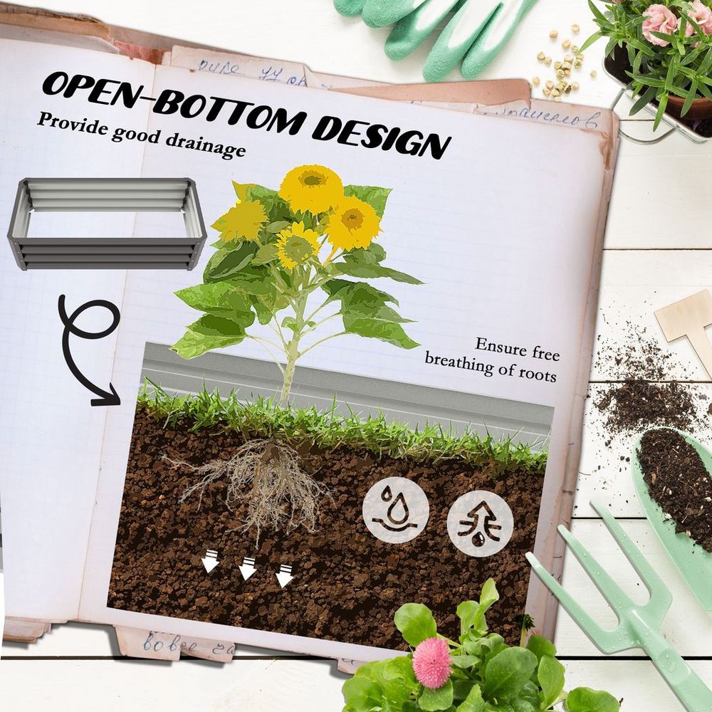 Outsunny Steel Raised Garden Bed, Set of 2, Grey