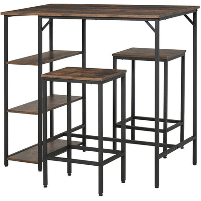 Industrial Bar Height Dining Set: 3PC Table, 2 Stools, Side Shelf - Sturdy & Stylish