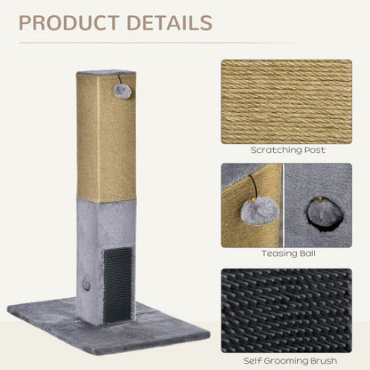 PawHut Cat Tree Scratching Post for Indoor Cats 79cm Jute Scratcher Climber w/Carpet Base Dangling Toy – Grey