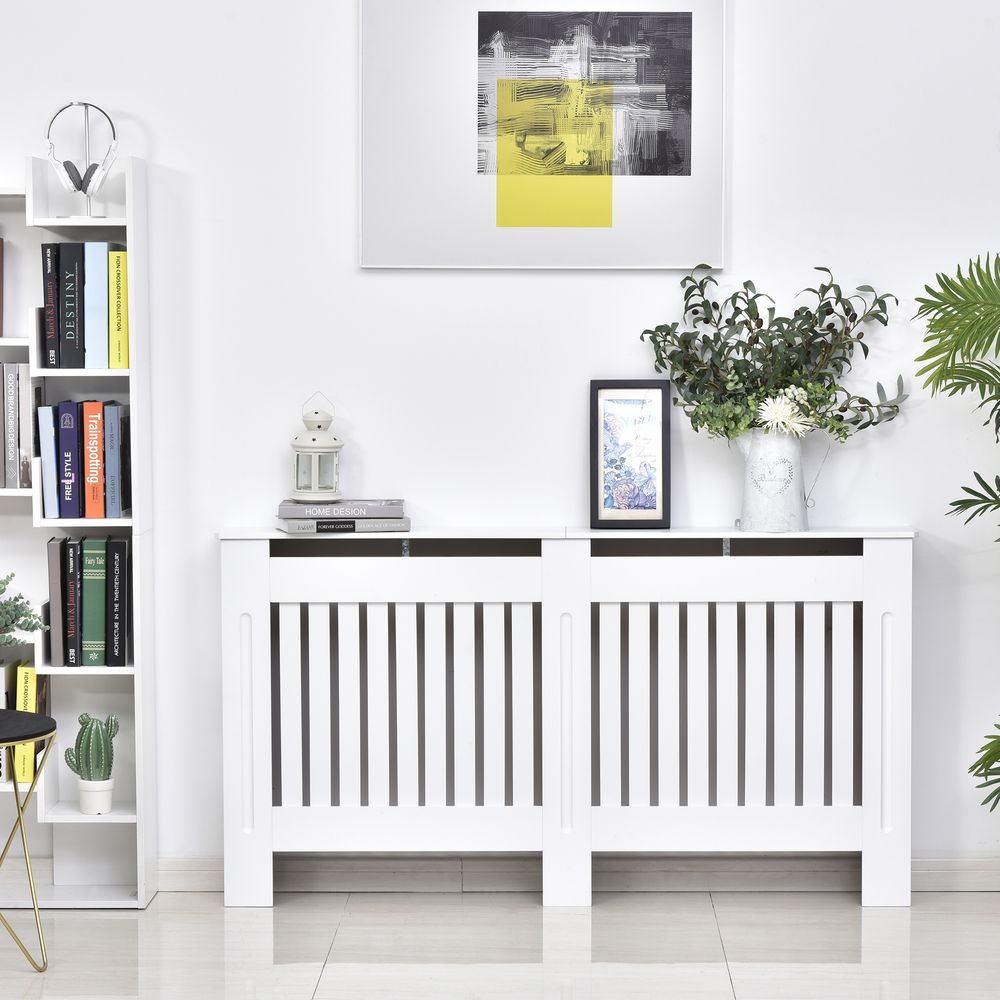 HOMCOM Slatted Radiator Cover Painted Cabinet MDF Lined Grill in White 152L x 19W x 81H cm