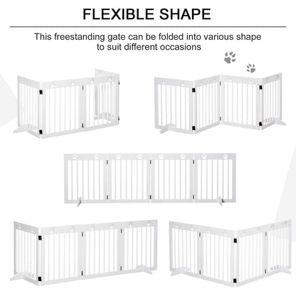 PawHut Freestanding Pet Gate 4 Panel Wooden Dog Barrier Folding Safety Fence with Support Feet up to 204cm Long 61cm Tall for Doorway Stairs White