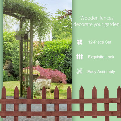 Outsunny 12-Pack Wooden Garden Border Fence - Decorative Picket Style - Brown