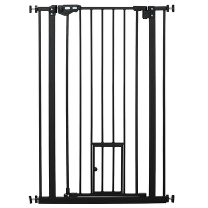 PawHut Extra Tall Dog Gate with Cat Flap, Pet Safety Gate for Doorways Stairs with Auto Close Double Locking, 104 cm Tall 74-80 cm Wide, Black