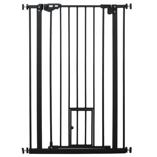 PawHut Extra Tall Dog Gate with Cat Flap, Pet Safety Gate for Doorways Stairs with Auto Close Double Locking, 104 cm Tall 74-80 cm Wide, Black